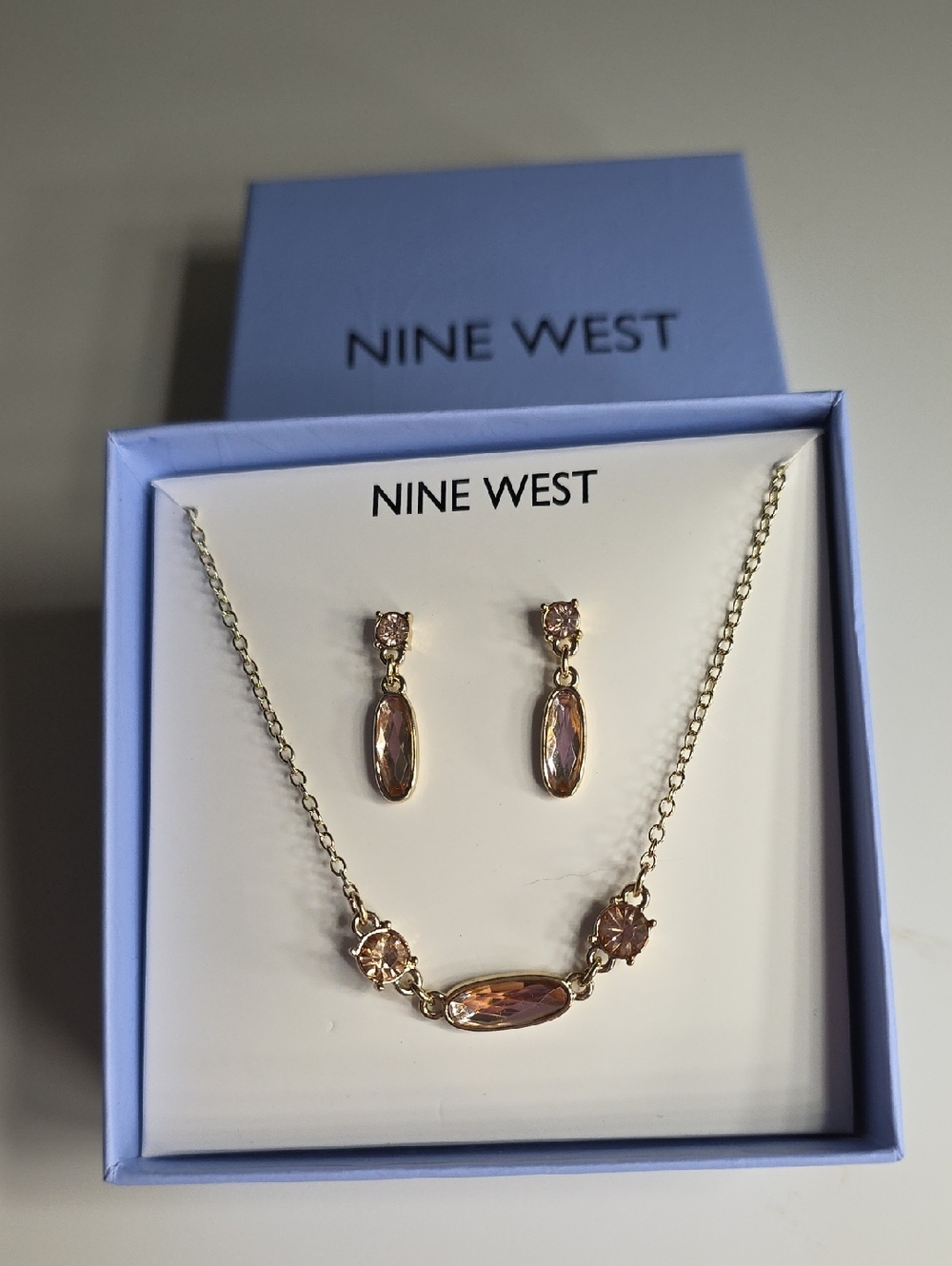 Nine West Gold Light Pink/Bronze Crystal Necklace & Drop Earrings Set